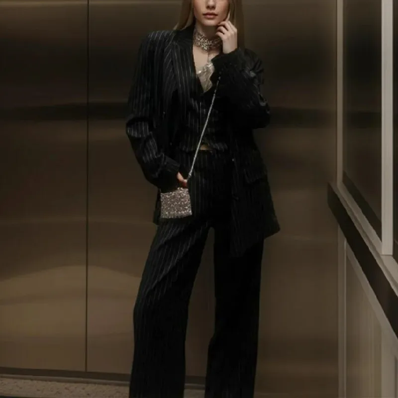 2024 primavera nero a righe oversize Blazer donna sciolto dentellato manica intera abiti a vita alta pantaloni lunghi svasati Halter canotte