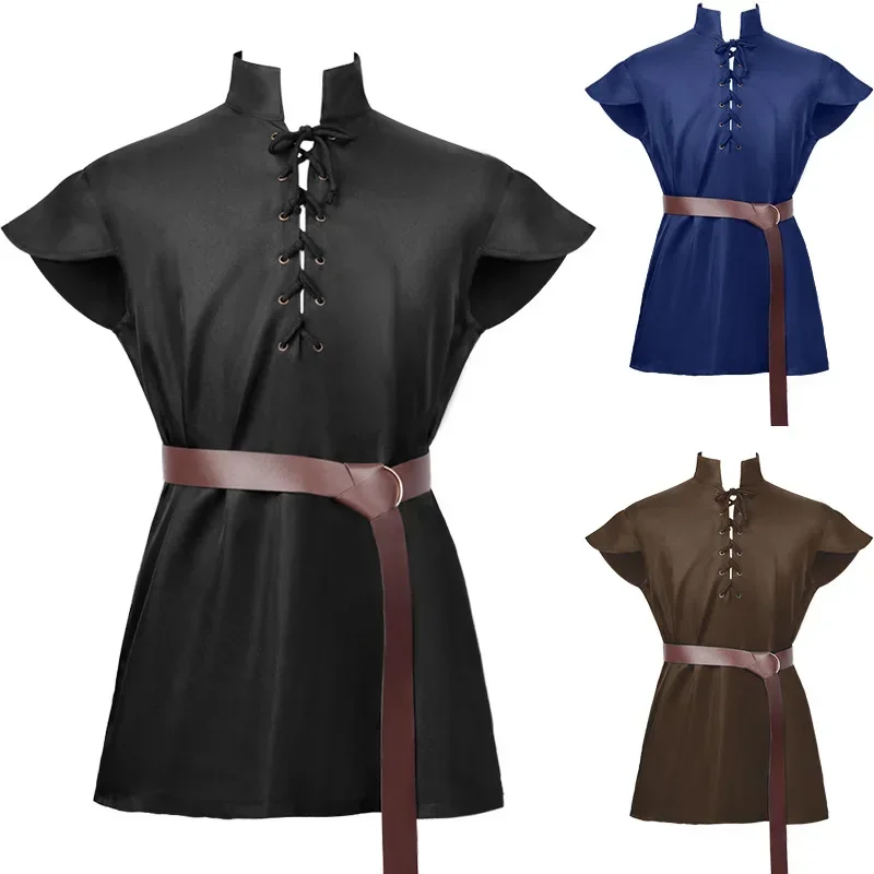 

Male Stand-up Collar Short-sleeved Shirt Medieval Baggy Eye Lace-up Top