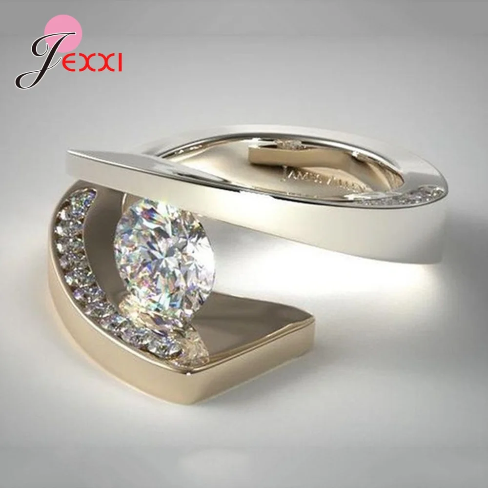 Hot Fashion 925 Sterling Silver Gold Color AAAAA Cubic Zirconia Irregular Rings For Women/Lady Top Sale Statement Finer Rings