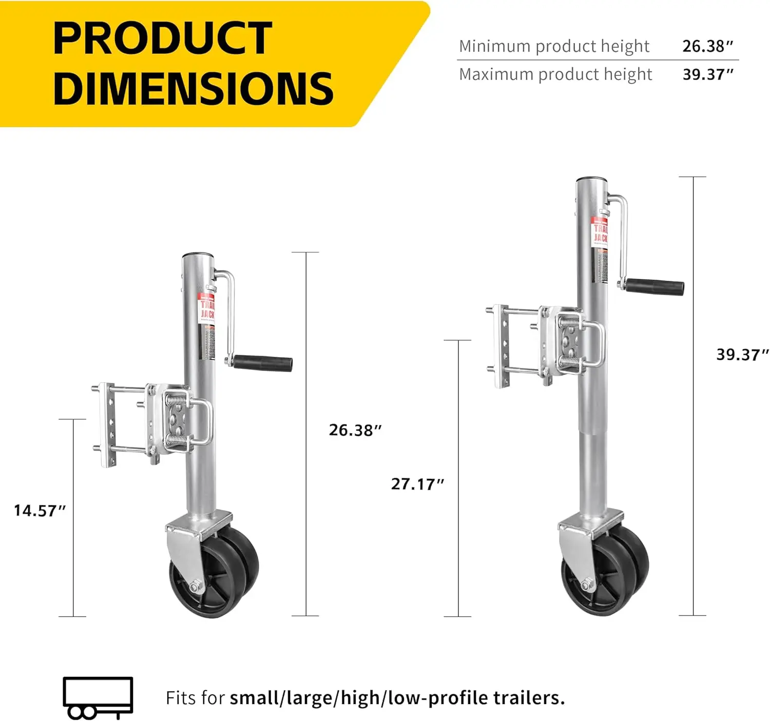 70149 مقبس مقطورة مع رفع 11-1/2 بوصة، تصميم متأرجح من الخلف، مقبض رياح جانبي وعجلات مزدوجة 6 بوصات - سعة 1500 رطل، شعبية جديدة #1