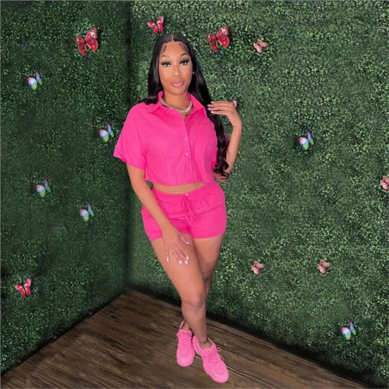 

Women Solid Color Casual Shorts Set Summer New Pocket Short Sleeve Crop Tops + Lace-up Slim Shorts Vacation 2 Piece Set Female