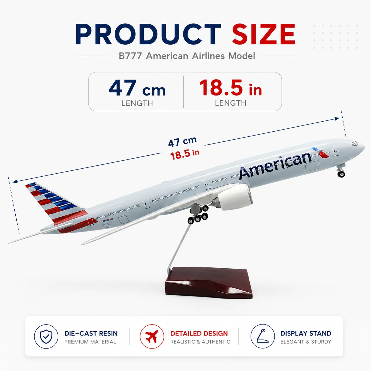 American Airlines B777 47 cm Die-Cast Resin Aircraft Model 18.5 inches with Stand and Landing Gear Model Display Piece