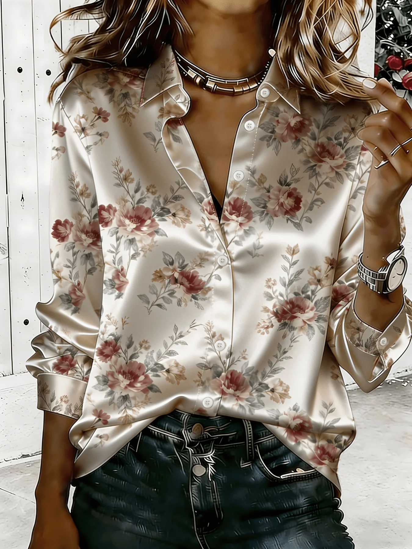 Women Long Sleeve Shirt Vintage Floral Print Satin Button Down Lapel Pocket Casual Daily Fashion Women's Clothing