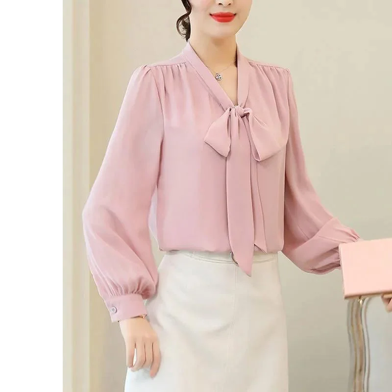 Camisa feminina de laço de chiffon, manga comprida, blusa solta, monocromática, que combina com tudo, moda, nova, primavera, outono