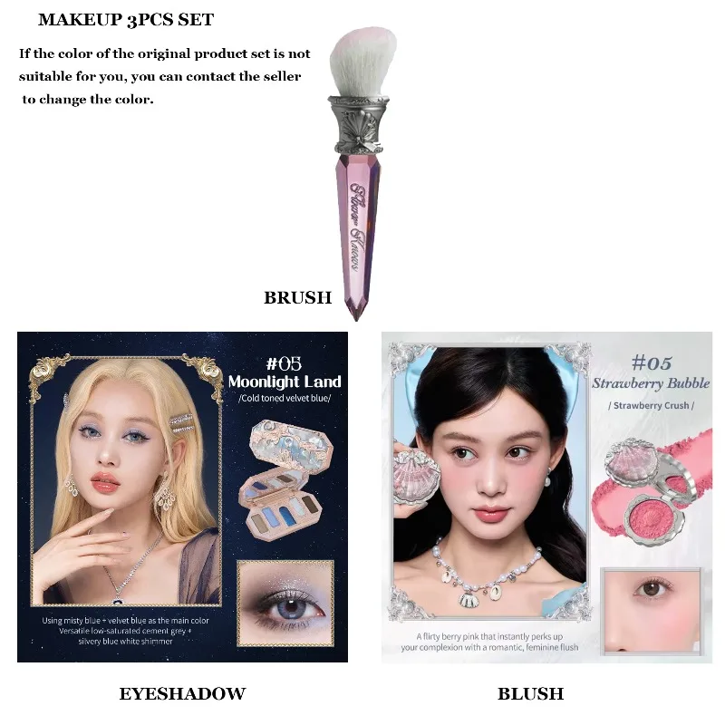 Flower Knows Moonlight Mermaid Series Glitzer-Lidschatten-Palette, hochpigmentierte Muschel, Schmuck, Rouge, Make-up-Pinsel-Set, mattes Finish