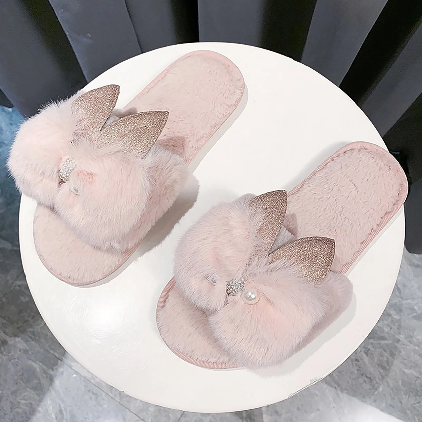 Womens Winter Shoes Cartoon Cat Ears Fuzzy Slippers Female Flip Flops Fluffy Shoes Home Plush Cotton Slippers Slides Slippers