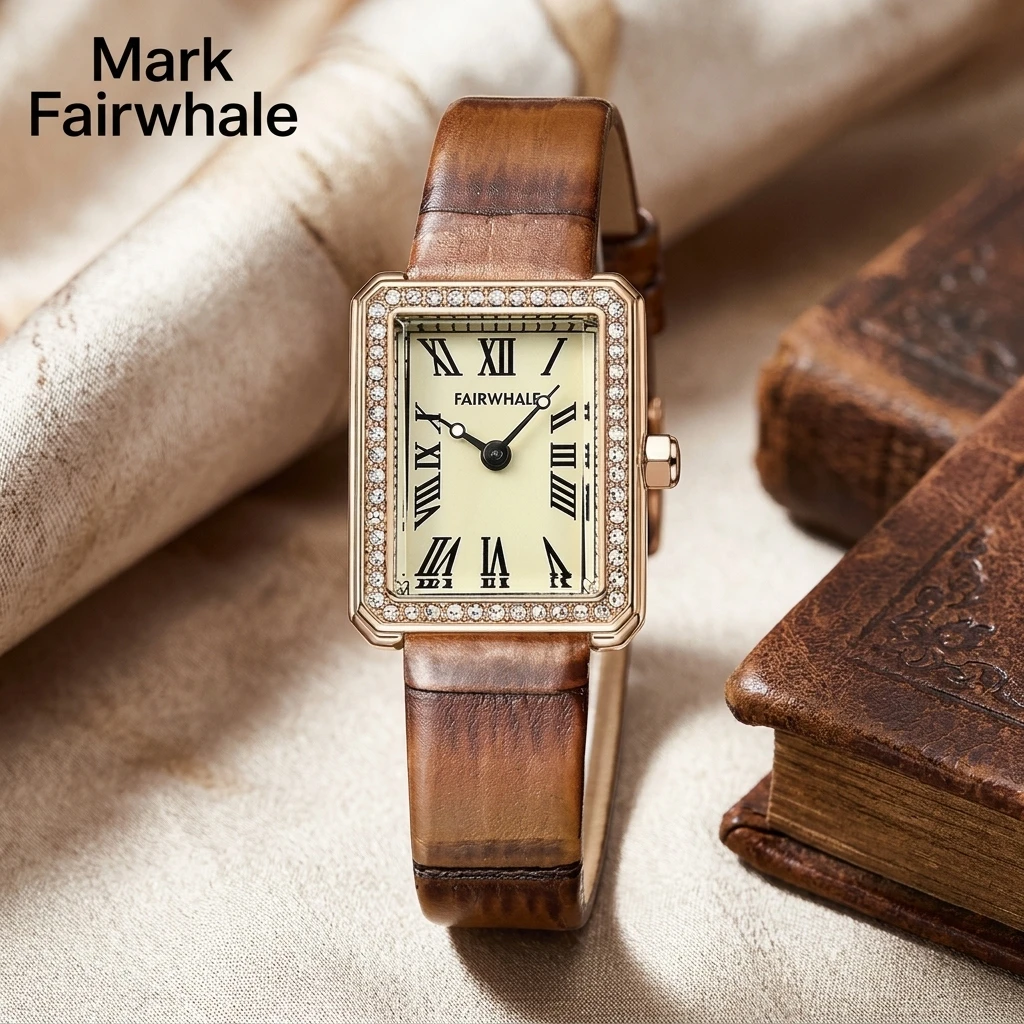 Fashion Female Quartz Watch Mark Fairwhale Retro Small Square Roman Numeral Dial Genuine Leather Bracelet Ladies Wristwatch
