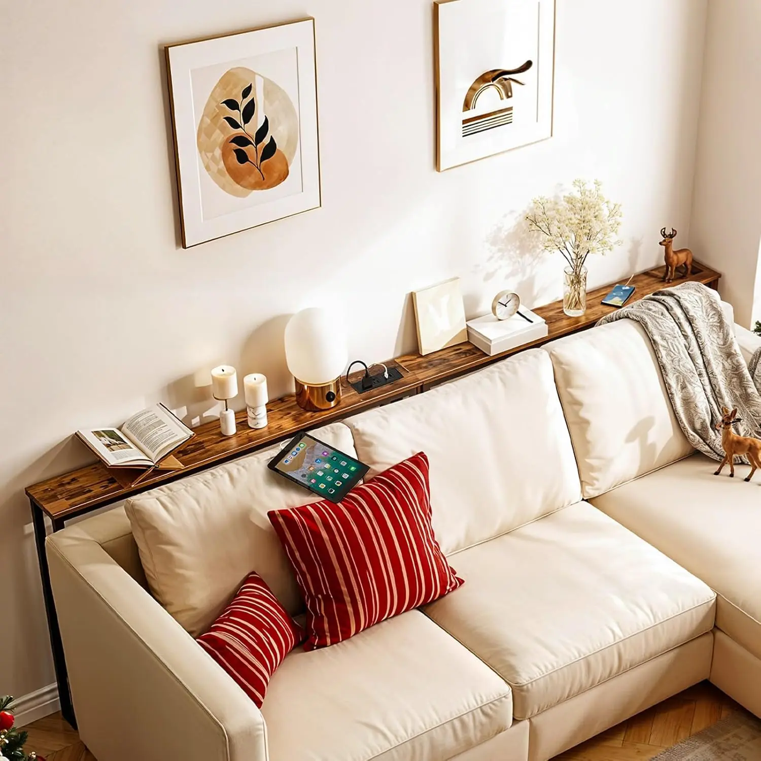 47.2" Narrow Console Table with Power Outlet, Slim Sofa Side Table for Living Room, Hallway, Rustic Brown