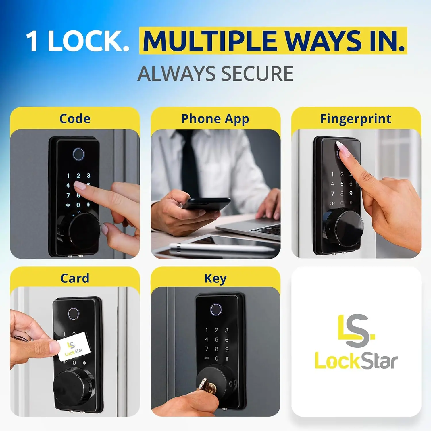 Smart Door Lock with Keyless Entry, Multiple Access Methods: Fingerprint, Keypad, App, Card & Traditional Key