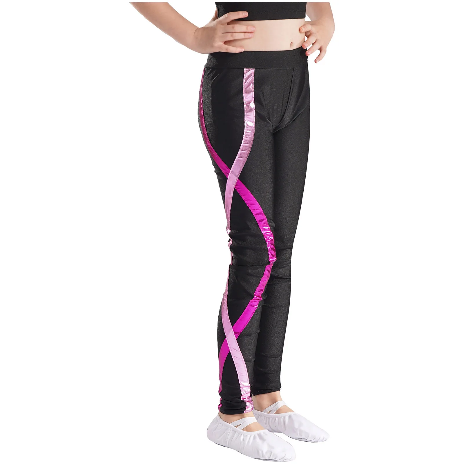 Girls 3Pcs Gymnastics Dance Outfit Long Sleeve Metallic Patchwork Bodysuit Shiny Rhinestone Leotard Legging Hairband Dancewear