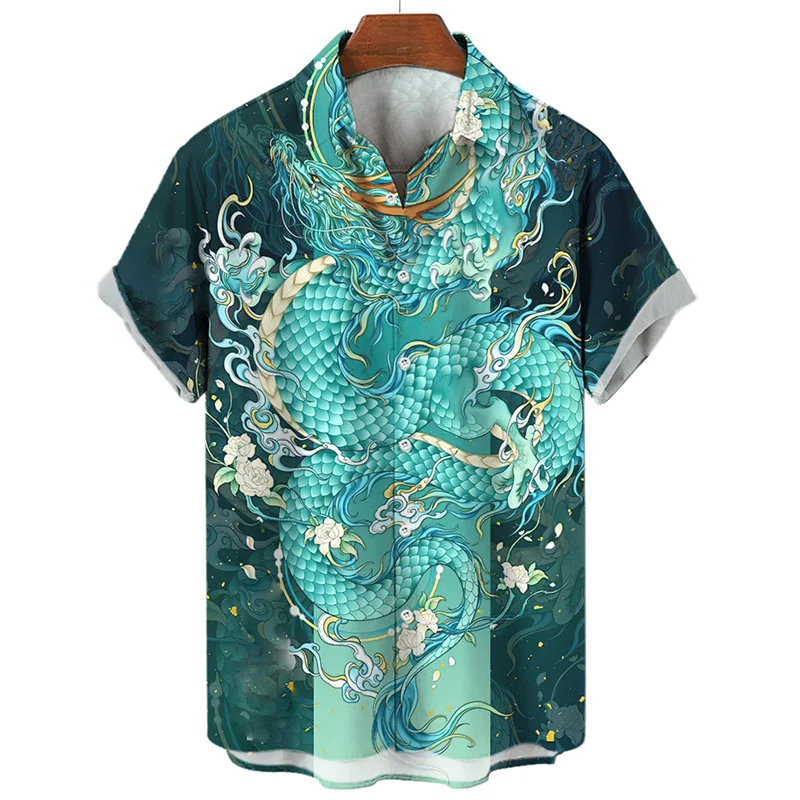 Summer Men\'s Social Casual Vintage Floral Hawaiian Oversize Short Sleeve Shirt Street Luxury Dragon Pattern Element Clothing Hot