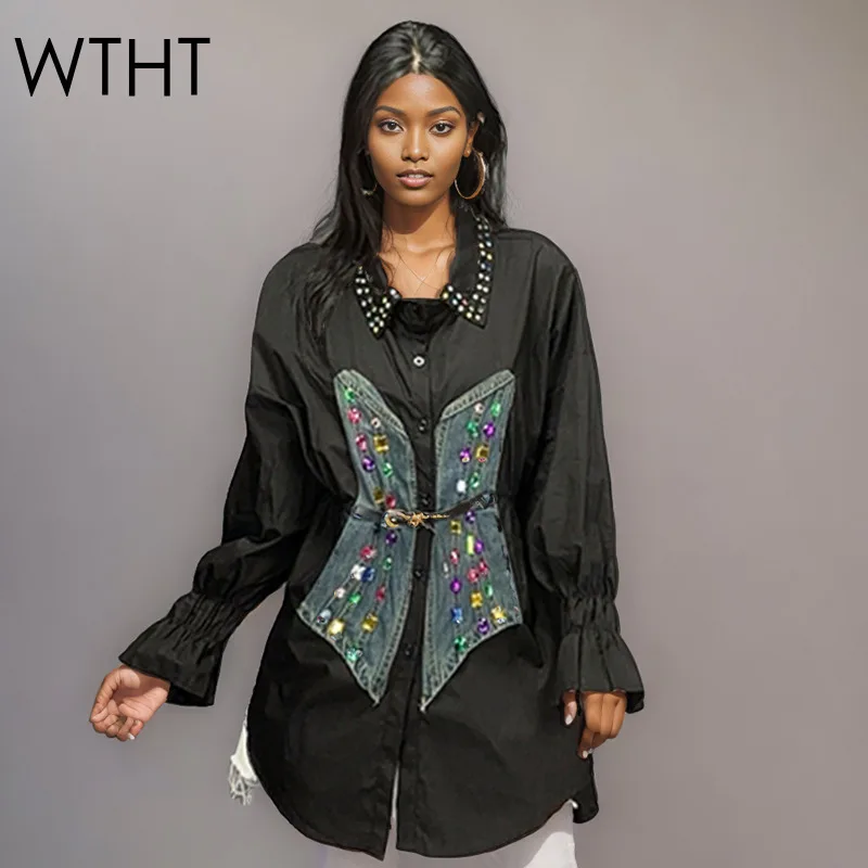 

WTHT Trendy Women's Spliced Colorful Diamonds Design Casual Shirt 2025 Summer Fashion Lapel Long Sleeves Blouse Female 1LS1925