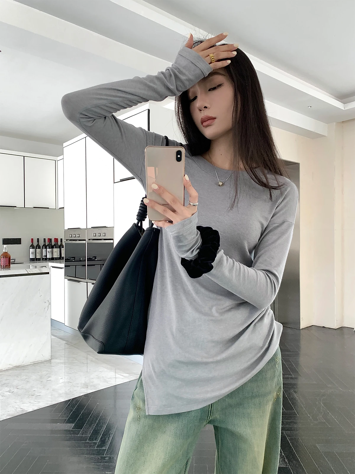 

ZhouMiao Women's Knitted Wool T-irt Slim Fit Long Sve Casual Sle Pure Color Autumn Top Soft Cozy Folded Hem Split