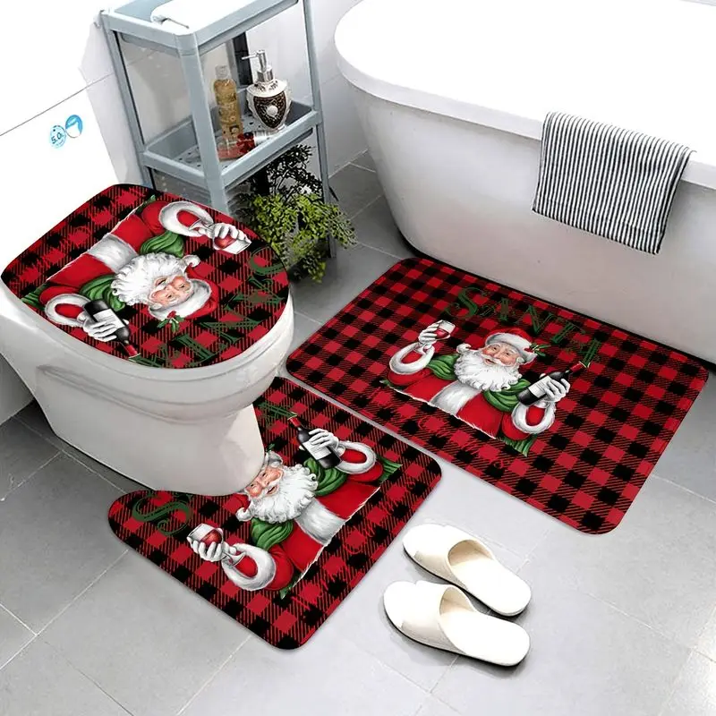 VIKAMA Santa Claus Wine Bathroom Set 3 Piece Red Plaid Toilet Lid Cover Non Slip Bath Rug U Shape Mat Funny Christmas Holiday