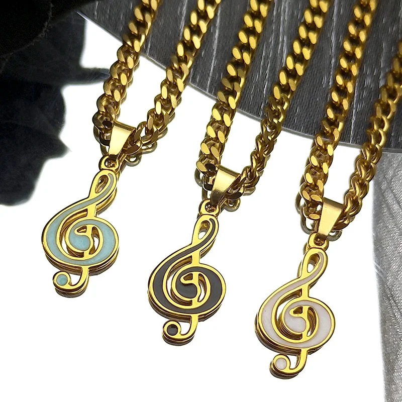

Blue Black White Enamel Musical Note Hollow Pendant Necklace for Women Men Stainless Steel Hip Hop Music Symbol Jewelry Gift