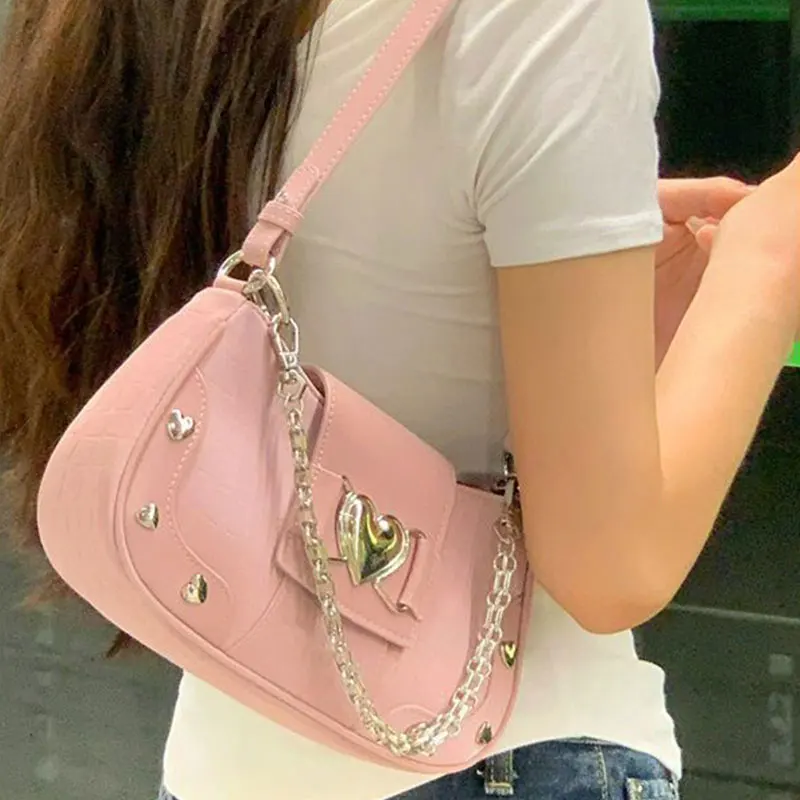 Fashion Women's Shoulder Bag 2024 New Hot Girls Crossbody Bags Pink PU Punk Style Rivet Women Chain Bag WZ108