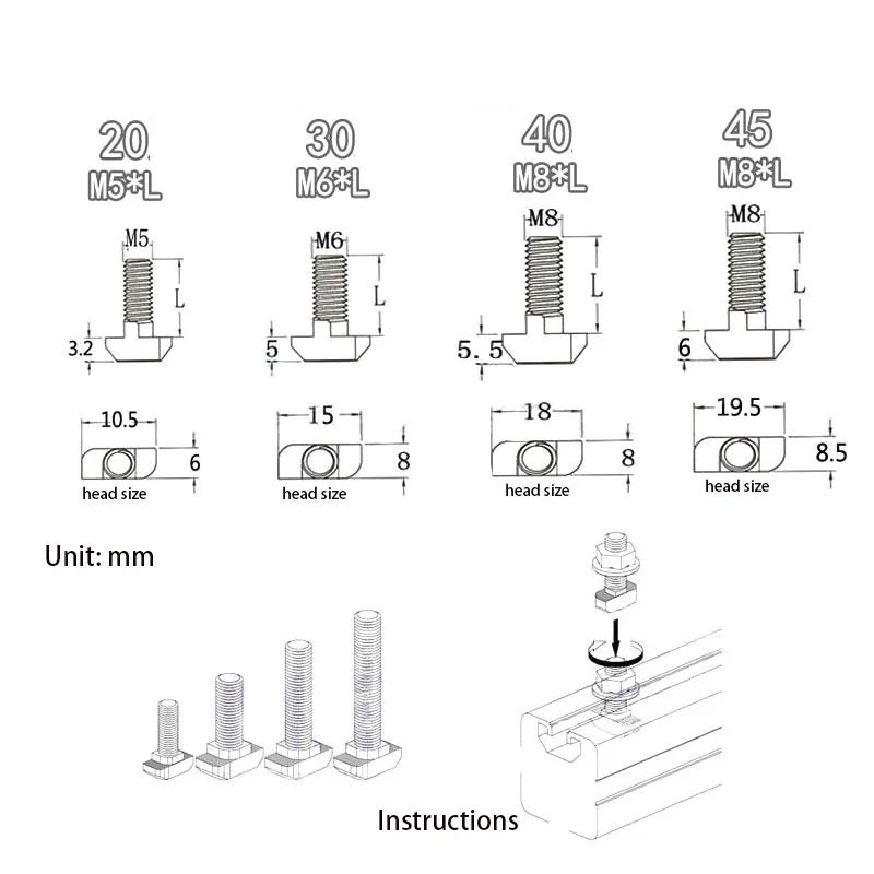 Aluminum Profile T Slot Hammer Head Bolts M5M6 M8 EU Standard Connector Screws 10/20pc Robot Machine Stand Installation Fittings