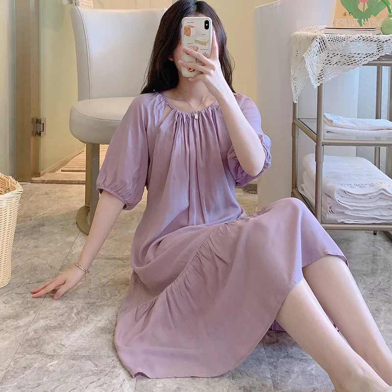 Round Neck Pajamas Home Clothes Thin Cotton Silk Nightgown Solid Color Sleepwear Short Sleeve One-piece Dress Women's Clothing
