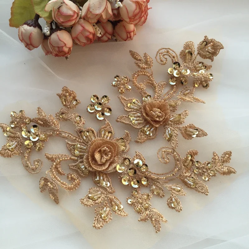 DIY Handmade Beaded Flower Patch, Multicolor Applique, Wedding Dress Accessories, Lace Mending Clothes, RS2048, 4 Pieces/2Pair