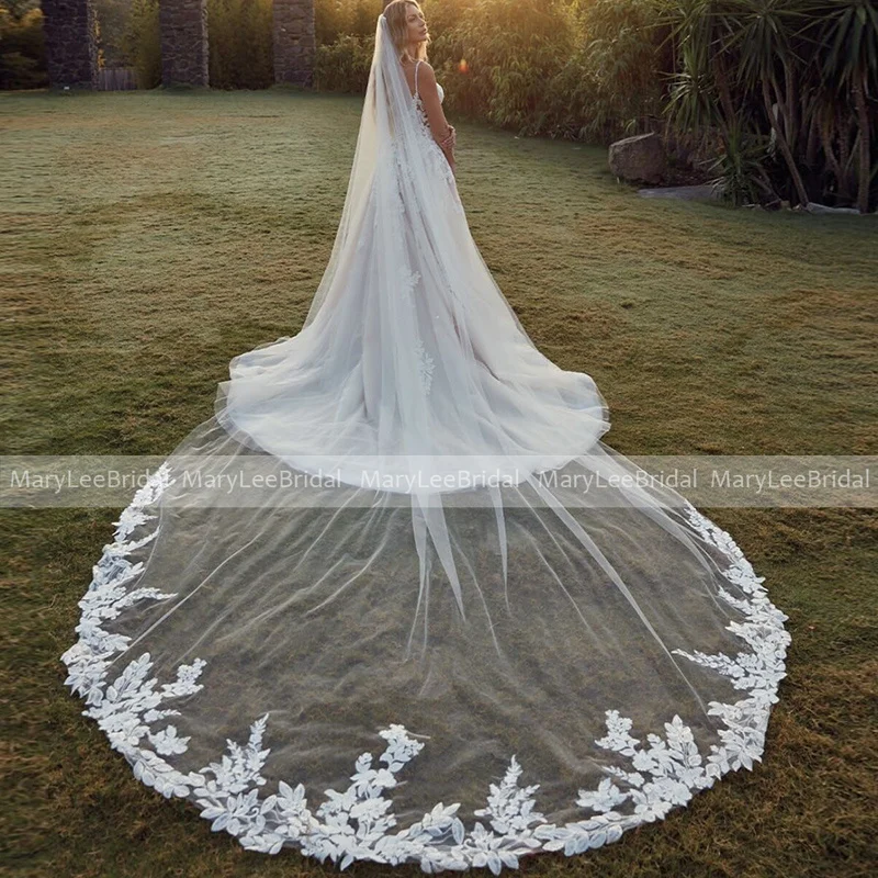 White One Layer Wedding Veil Cathedral Tulle With Embroidery Applique Trim Romantic Luxury Long Bridal High Quality Veils 3m*1.5