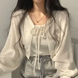 Thin White Cardigan Women Summer Sunscreen Lace-up Knitwear Top Female Korean Style Lantern Sleeve Short Coat Casual Elegant Top