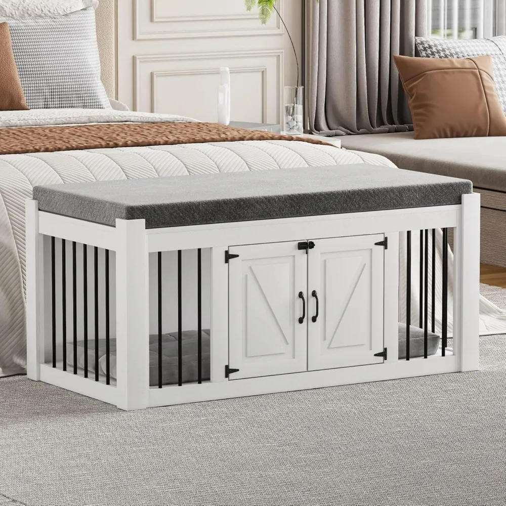 

Dog Crate Furniture with Padded Seat, Luxury Wooden Dog Kennel, End of Bed Bench Ottoman with Removable Cushion for Bedroom, Liv