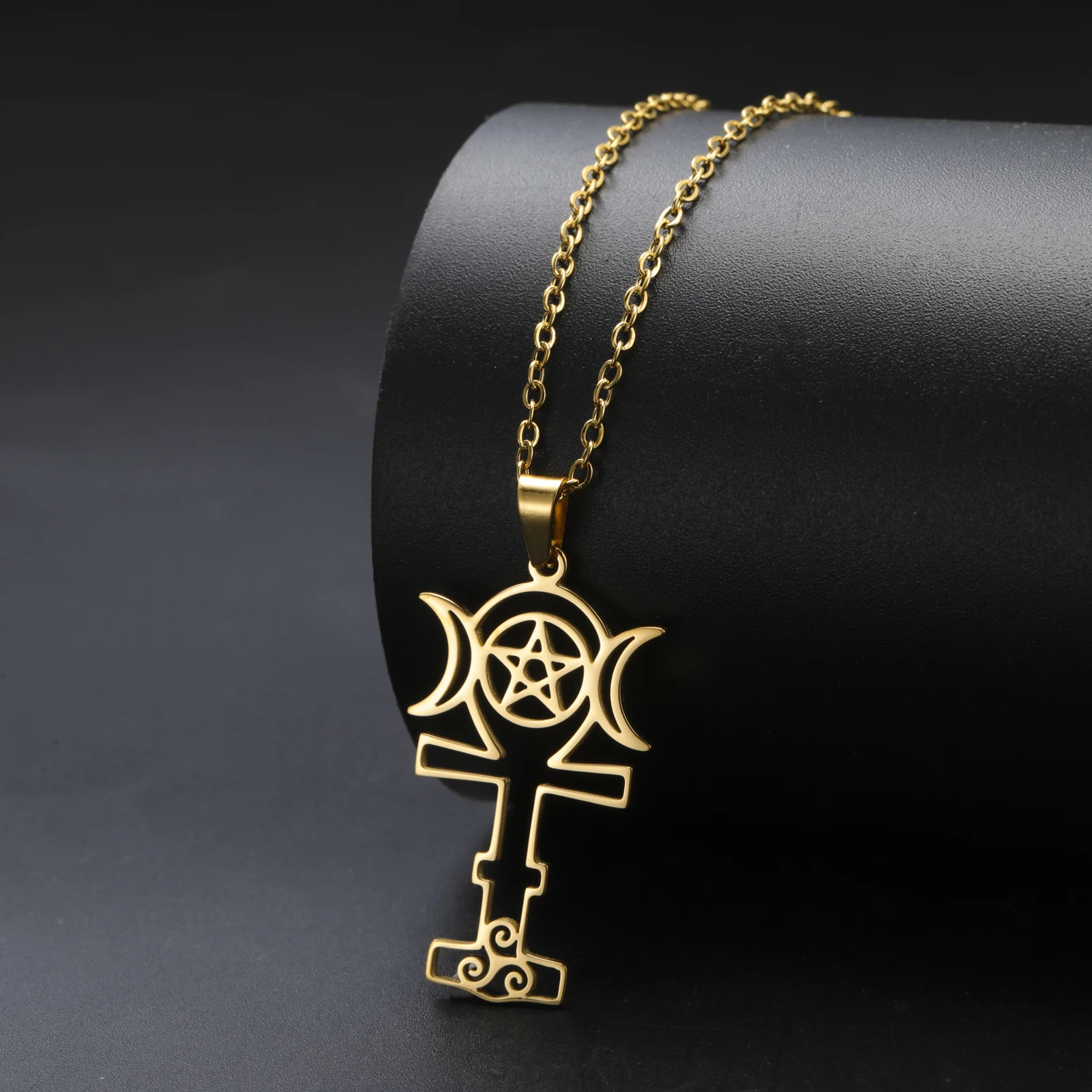 Pentagram Moon Star Moon Cross Witch Knot Greek Moon Goddess Stainless Steel Necklace Women's Gift