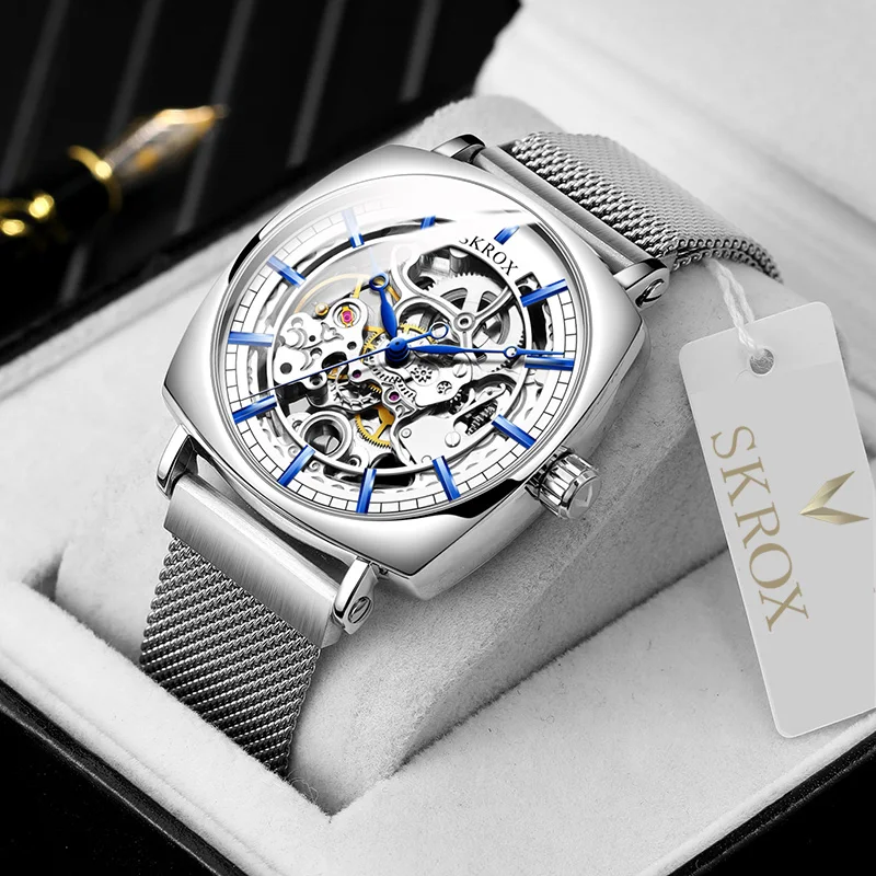 

SKROX Square Elegant Skeleton Automatic Movement Man Watch Mechanical Wrist Watches Original Brand Luxury Clockwork reloj hombre