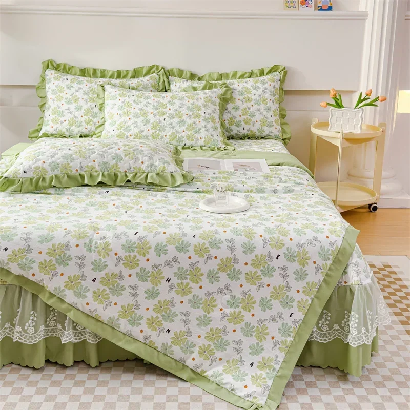 Summer Air Conditioning Quilt Four-piece Set Washed Cotton Edge Feather Silk Quilt Printed Summer Cooling Quilt