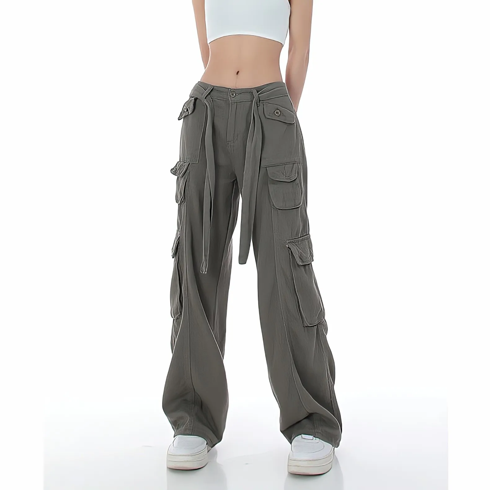 

High Waist Hippie Baggy Green Cargo Pants for Women, Summer Pocket, Wide Leg Black Pants, Vintage Casual Mopping Trousers