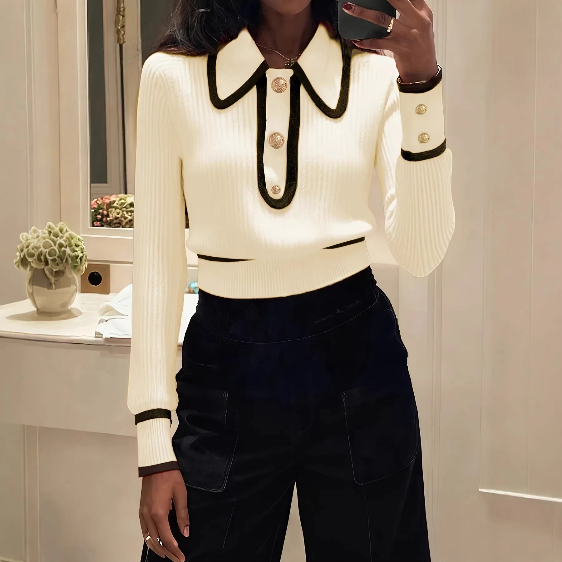 Chic Lapel Long Sleeve Sweater Women 2026 Stripes Elegant Short Knitted Pullover Female Casual Office Warm Soft Tops Clothes