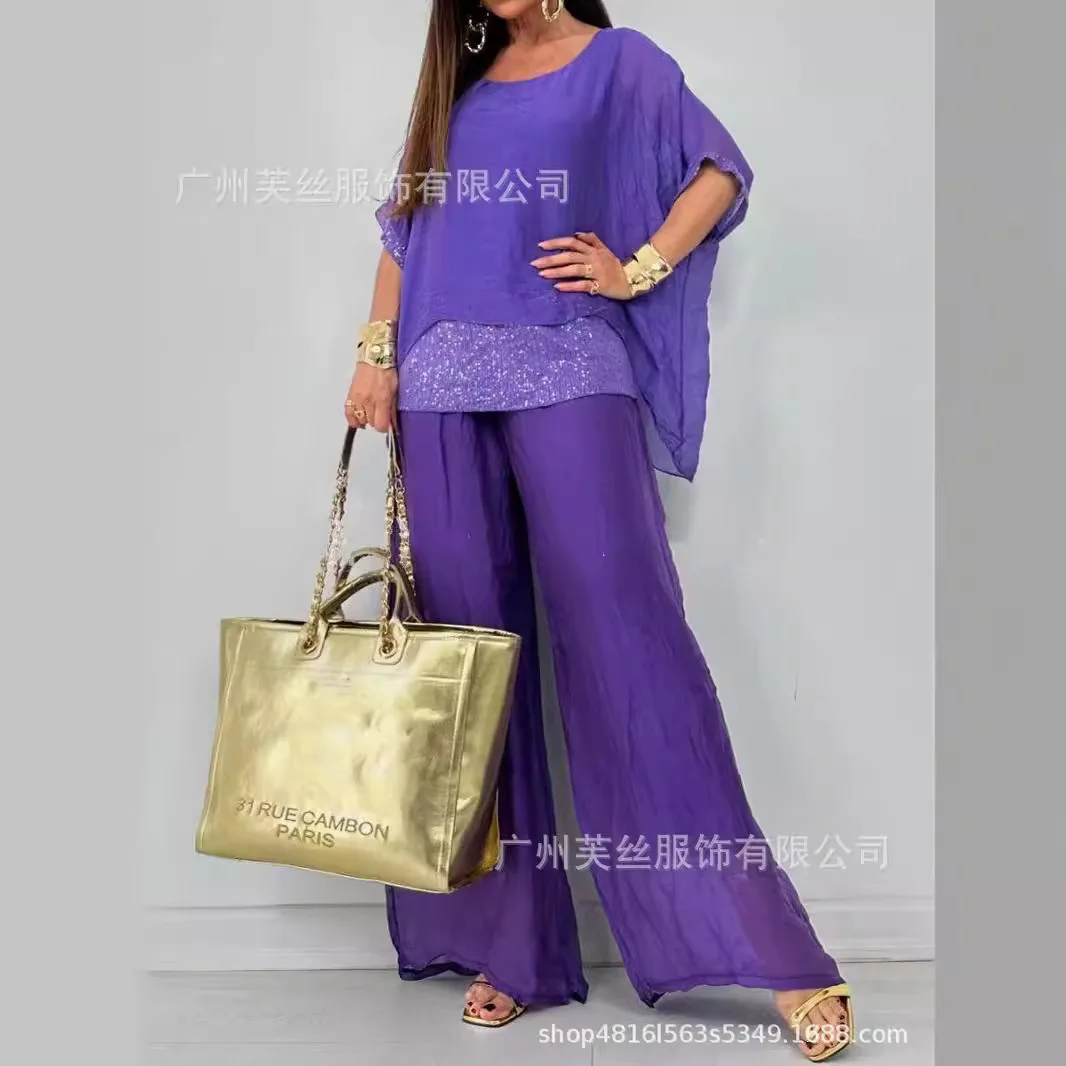 Summer Chiffon Round Neck Short Sleeve Sequin Patchwork Pants Women's Set