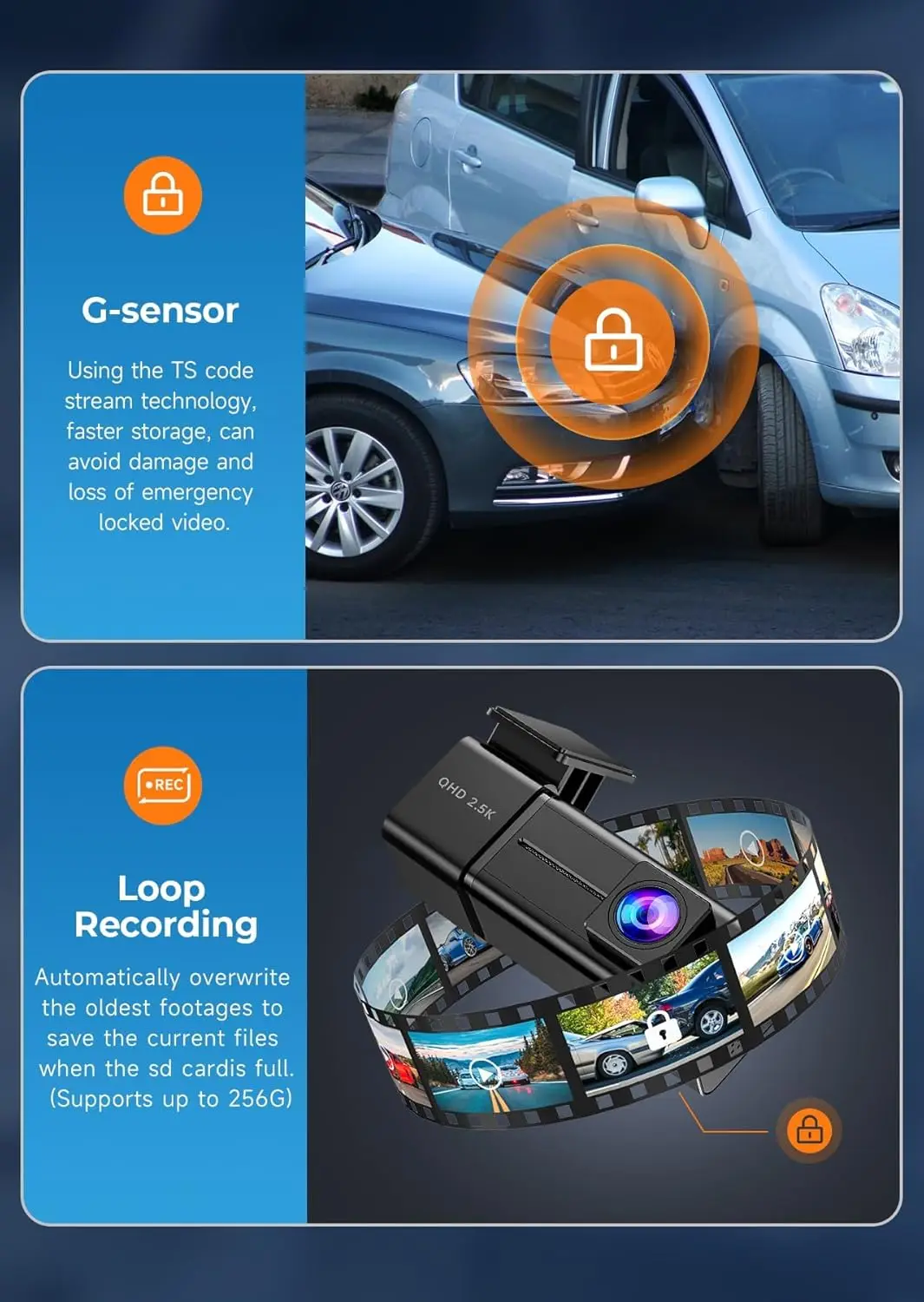 Dashcam WiFi 2,5K con visione notturna, sensore G, registrazione in loop, modalità parcheggio 24 ore, supporto app, SD da 32 GB incluso