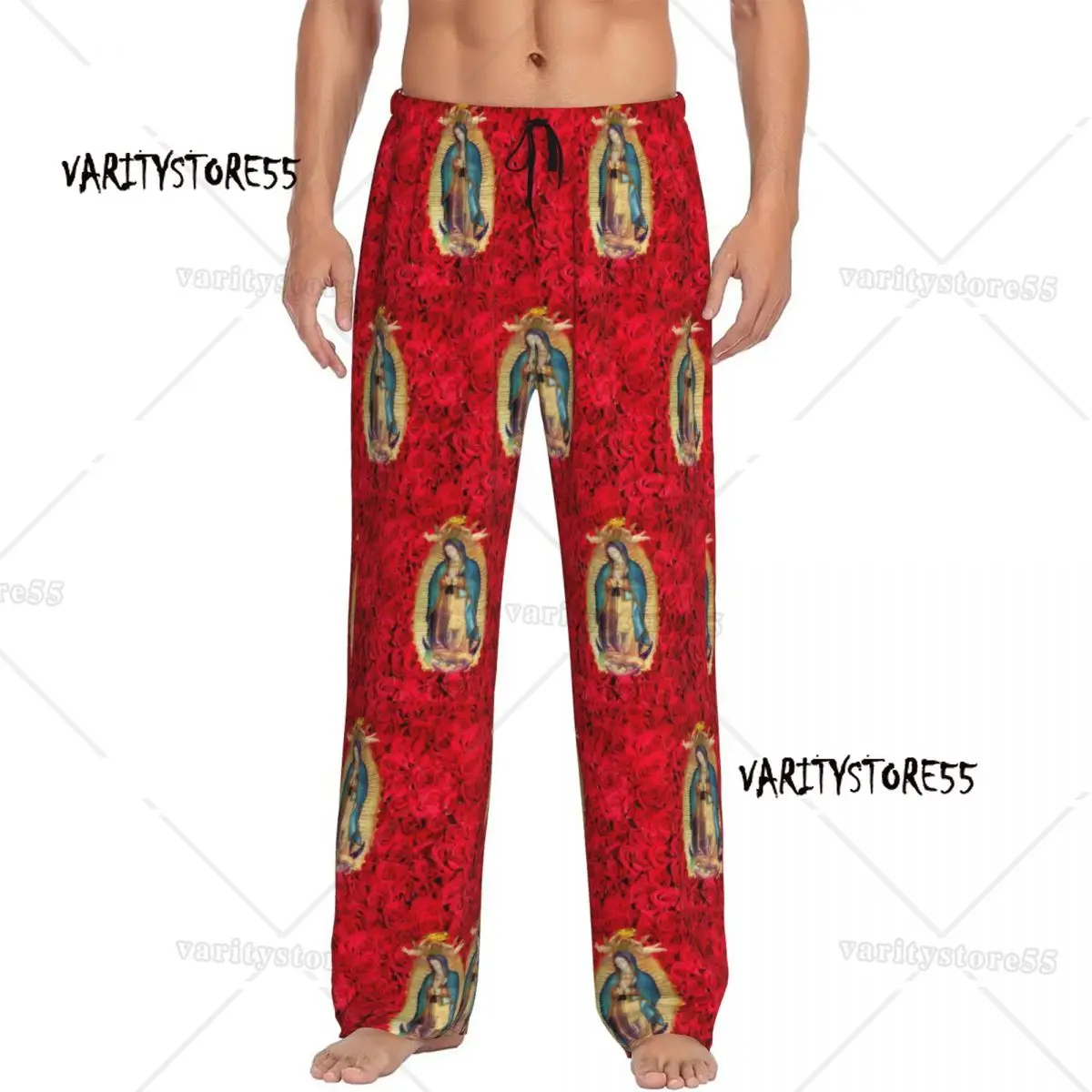 

Мужские пижамные штаны Гваделупской Девы Марии с цветами на заказ, католическая одежда для сна, эластичные штаны для сна с карманами