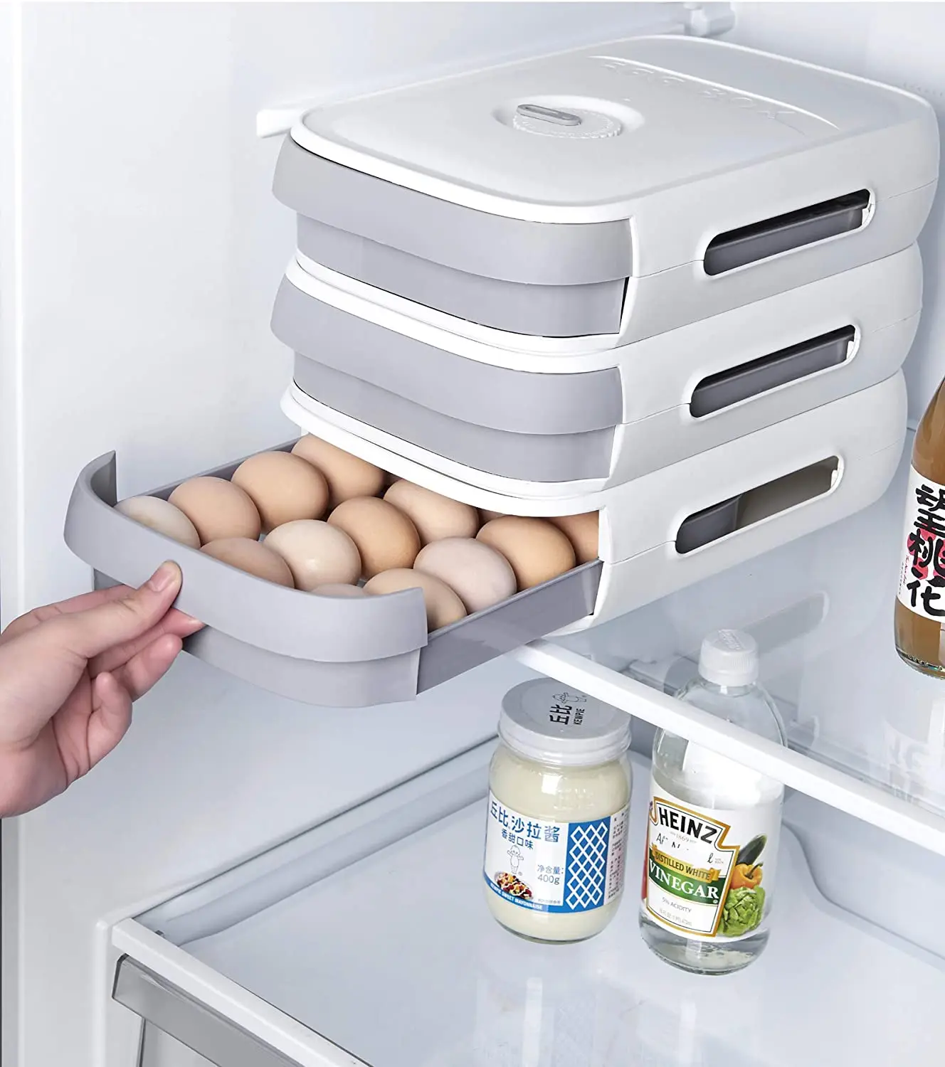 

Rolling Egg Holder Countertop Auto Scrolling Egg Tray for Refrigerator (18-21 Eggs) Stackable Plastic Egg Container Drawer Type