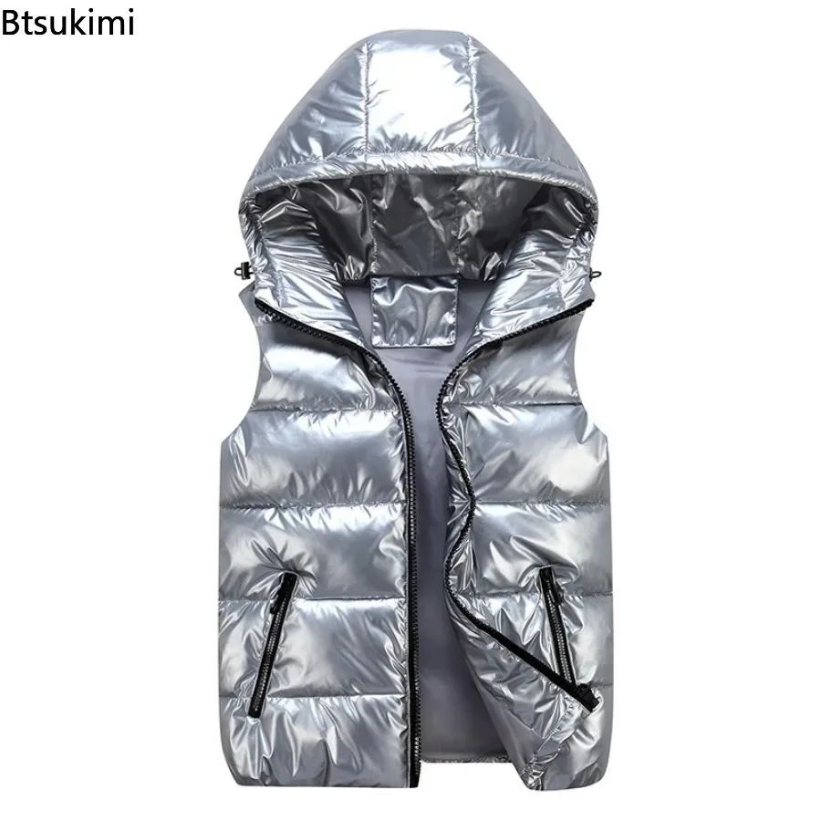 Men's Down Cotton Lightweight Vest Coats Couple Casual Waterproof Waistcoat Winter Men's Hooded Glossy Sleeveless Parkas Vest