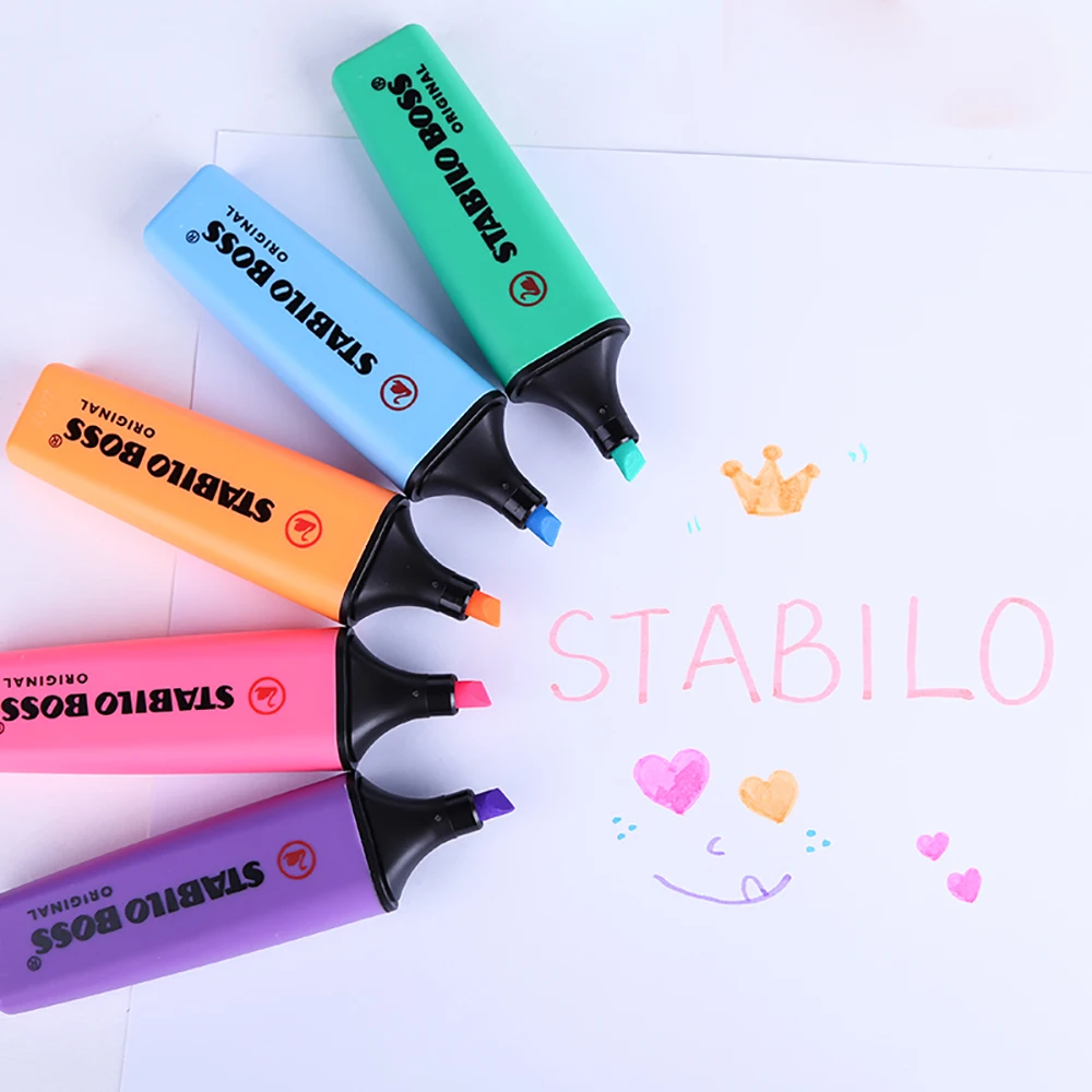 Stabilo Highlighters para Estudantes, Caneta Desenho, Marcador, Material Escolar e de Escritório, Papelaria Kawaii Bonito, Artigos de Arte, 6 Cores,