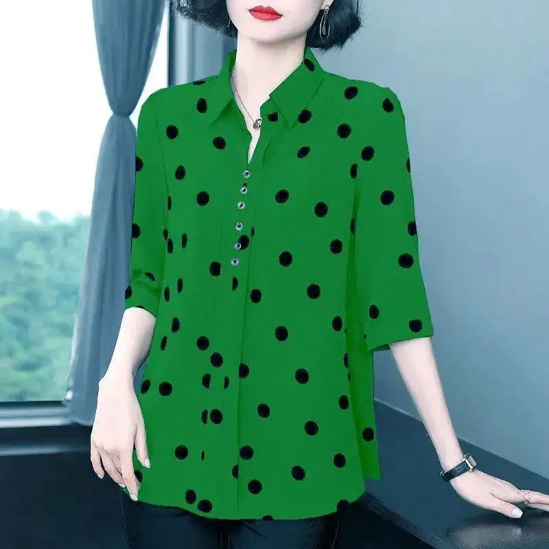 2023 New Versatile Commuter Women's Clothing Simplicity Dot Print Buttons V-neck Half Sleeve Temperament Pullover Shirt