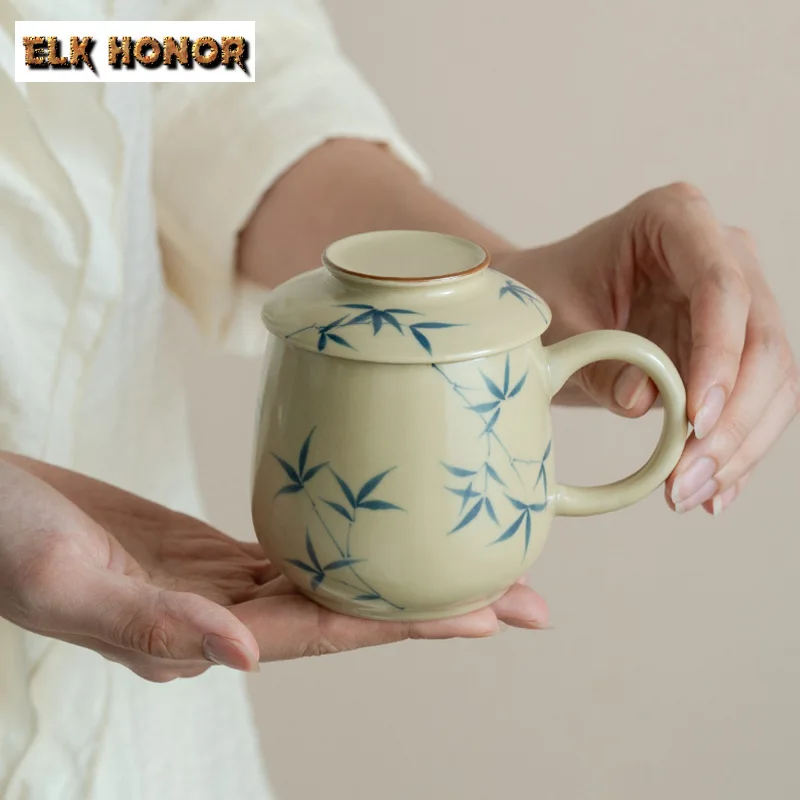 260ml Vintage Beeswax Yellow Office Cup Handpainted Green Bamboo Tea Cup Boutique Coffee Cup Mug with Lid Tea Soaking Cafes Gift