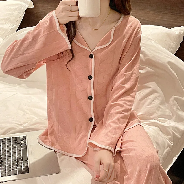 Ms. Korean Version of The Sweet Jacquard Long-sleeved Long Pants Pajamas Home Wear Ms. Loose Lapel Simple Net Red Live Set Women