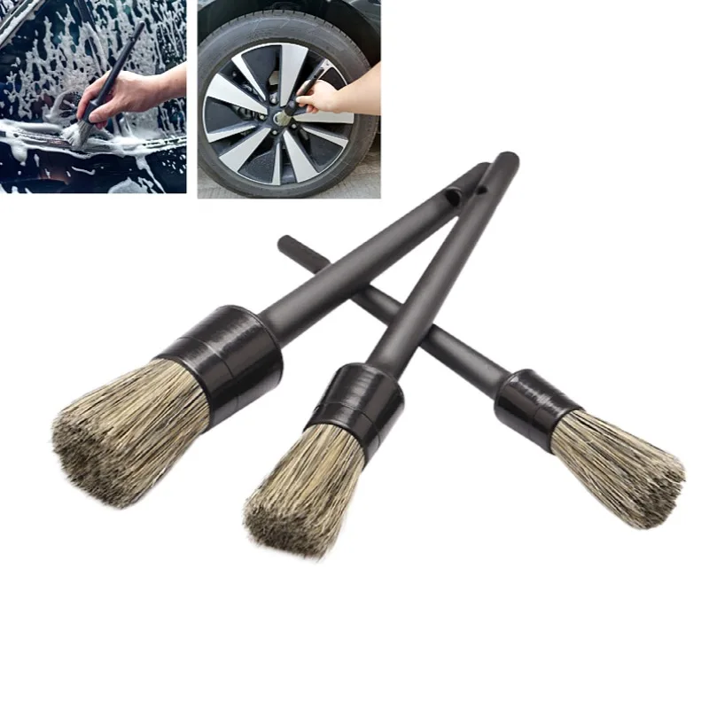 

3Pcs Natural Boar Hair Car Detailing Brush Set Soft Bristle Car Cleaning Brush Kits Atuo Tire Wheel Wash Exterior Accessories