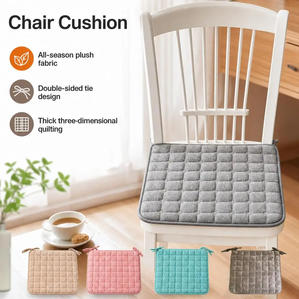 40x40cm Flannel Chair Cushion Soft Padding Quilted Surface Dining Chair Pad Tie Straps Square Shape Non Slip Student Chair Pad