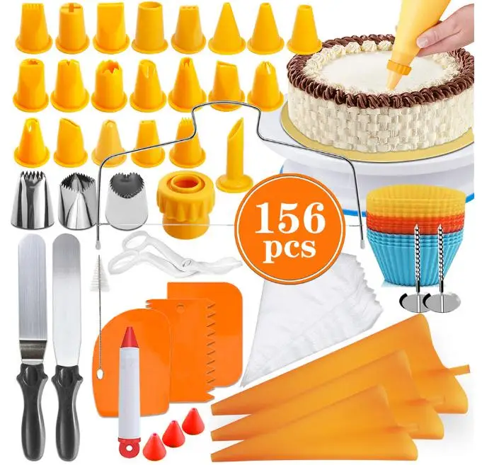 

156 PCS Cake Turntable Set Multifunction Cake Decorating Kit Pastry Tube Fondant Tool Party Kitchen Dessert Baking Supplies