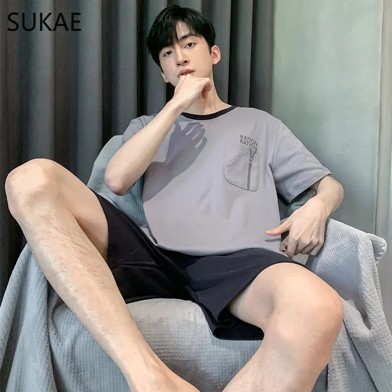 Sukae homens algodão sleepwear manga curta shorts L-4XL salão conjunto para o menino casual homessuits homem pijama coreano lazer homewear