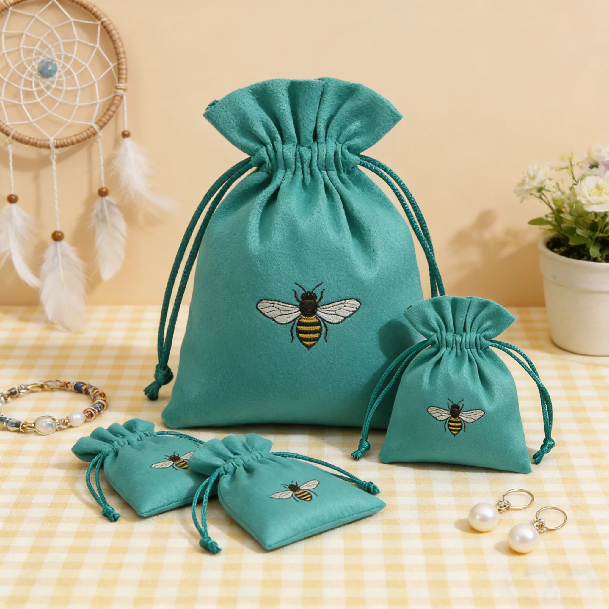 

100Pcs High Sales Custom Logo Green Velvet Drawstring Bag Reusable Flannel Jewelry Necklace Earrings Packaging Gift Pouches Bulk