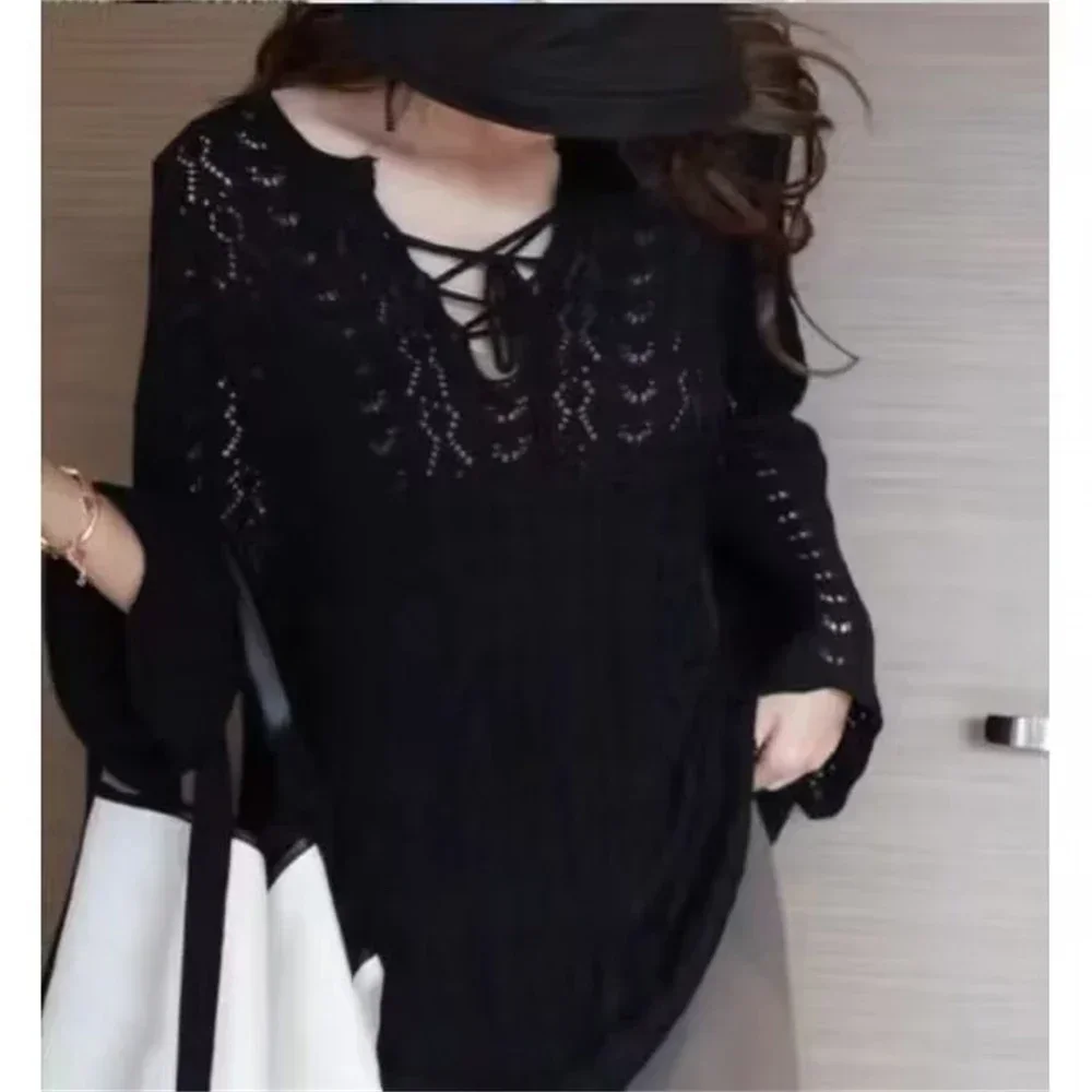 Hollow Out Pullovers Holiday Streetwear Fashion Lovely Girlish Thin Knit Fashion Women Lace-up V-neck Spring Vintage Swetry