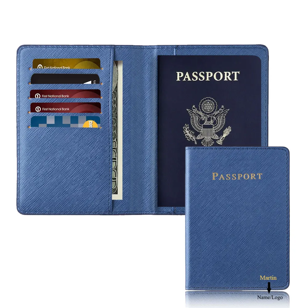 Personalized Engraving Name Passport Holder Cover Wallet RFID Blocking PU Leather Passport Case Travel Document Organizer Unisex