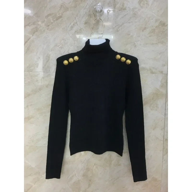 2023 New Autumn Turtleneck Slim Fit Black Blue White Office Lady Golden Button Long Sleeve Sweaters