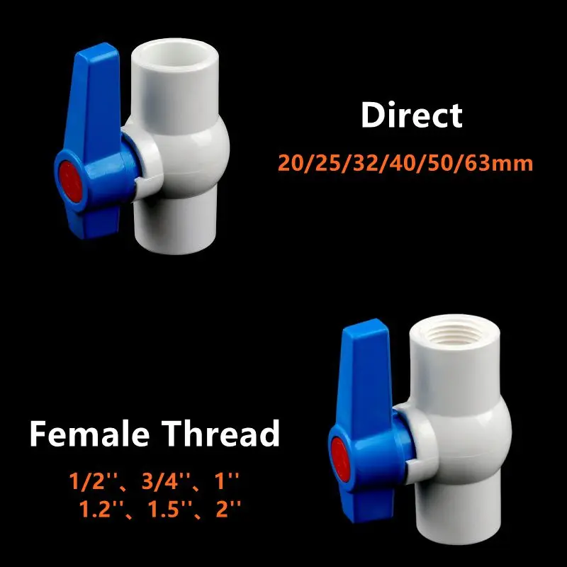 1PC I.D 20~63mm White PVC Ball Valve Female Thread Garden Irrigation Fittings Aquarium Fish Tank Accessories Plastic Connector