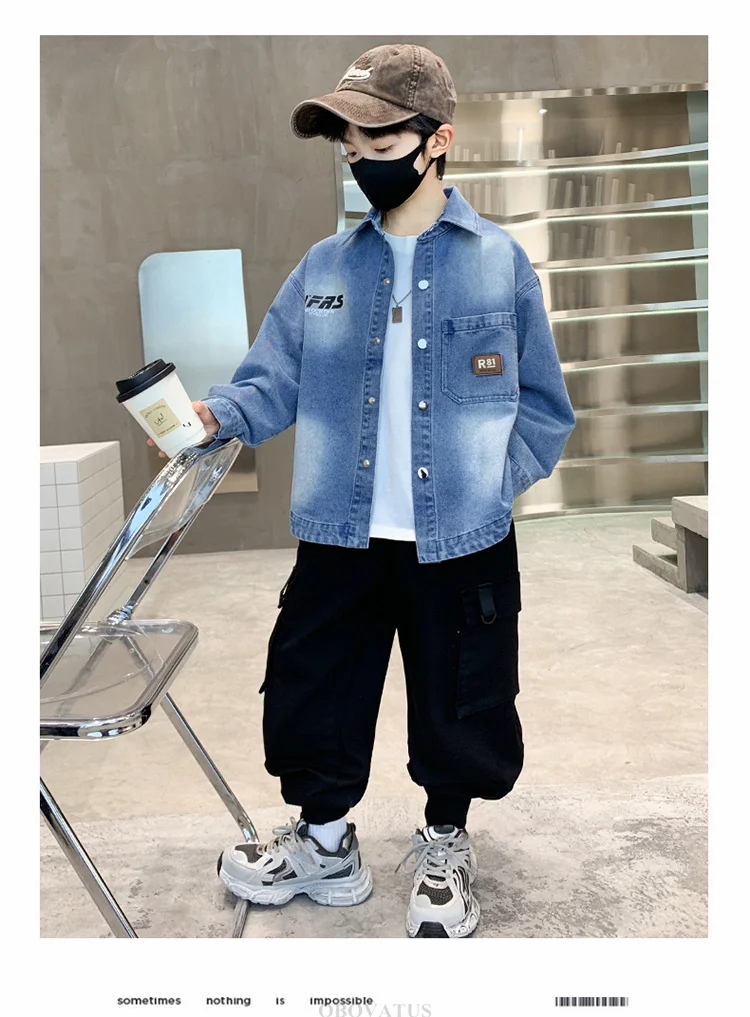 Kinder Mode Vintage Blaues Jeanshemd für Jungen Langärmeliges Baby-Bluse mit Tasche Teenager Frühling Herbst Kleidung Jeanshemd – Detail 4